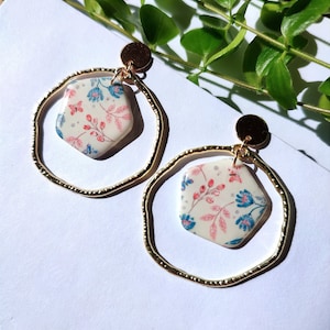 Polymer clay earrings, pink, floral patterns image 6