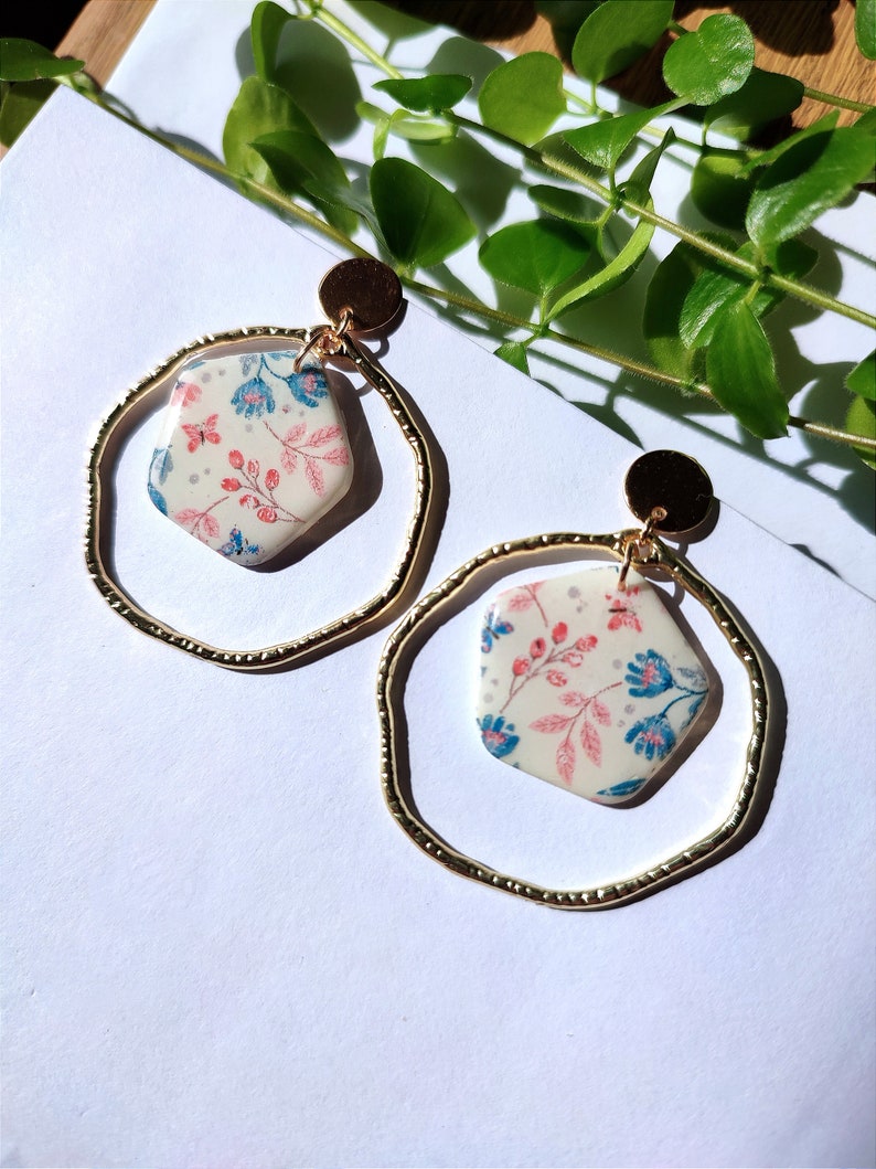 Polymer clay earrings, pink, floral patterns image 6