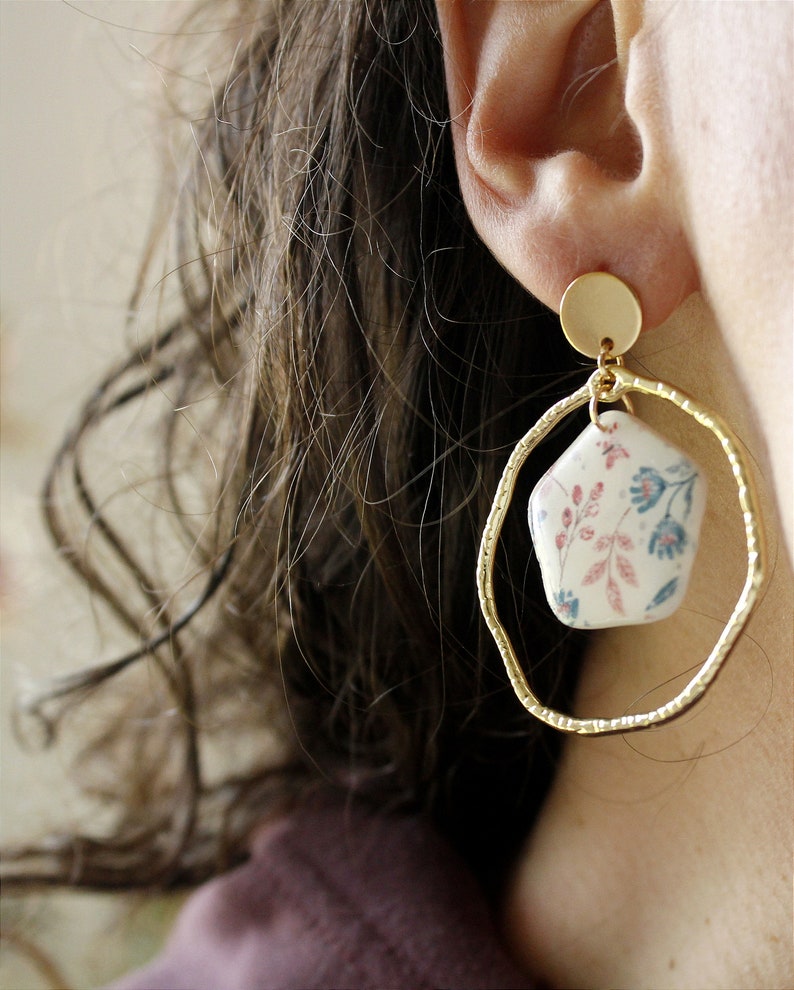 Polymer clay earrings, pink, floral patterns image 3