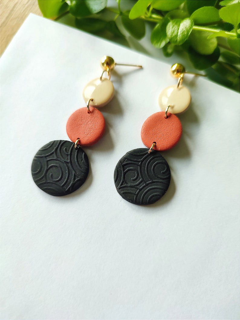 Dangling earrings in polymer clay, beige, black, terracotta image 3