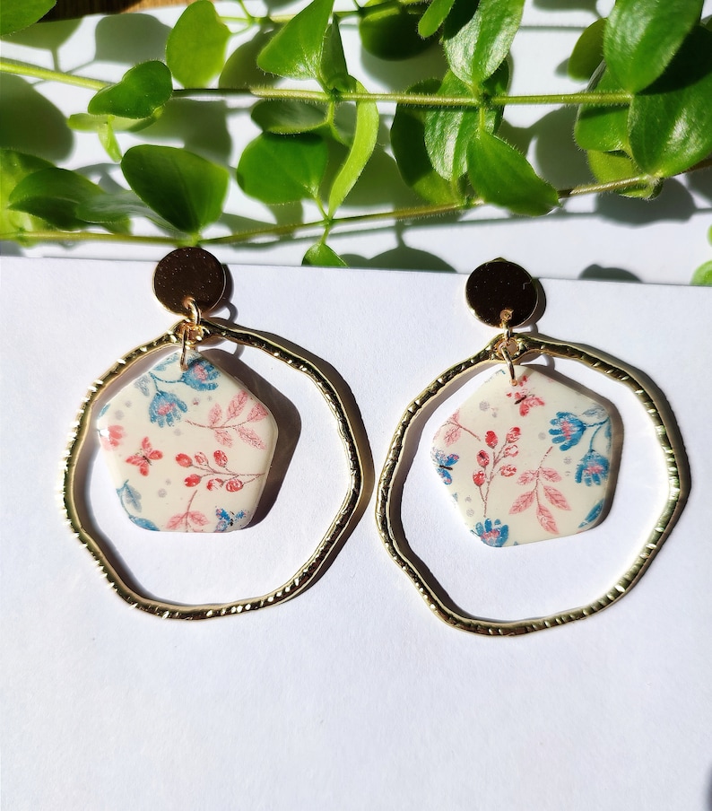 Polymer clay earrings, pink, floral patterns Modèle 1