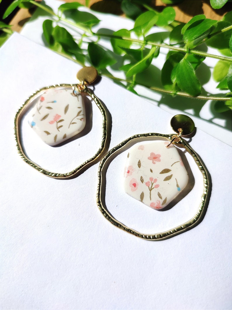 Polymer clay earrings, pink, floral patterns Modèle 2