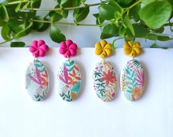 Boucles d'oreilles pendantes en argile polymère, rose, jaune, fleurs, fleurie