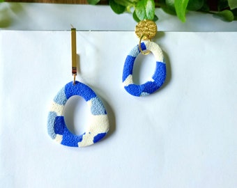 Boucles d'oreilles pendantes en argile polymère, bleu, blanc