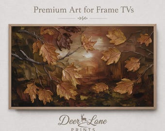 May include: A rectangular digital art print for Frame TVs featuring a textured oil painting of autumn leaves on branches in shades of brown, gold, and amber. The text "Premium Art for Frame TVs" and "Deer Lane PRINTS" with a deer logo are visible.