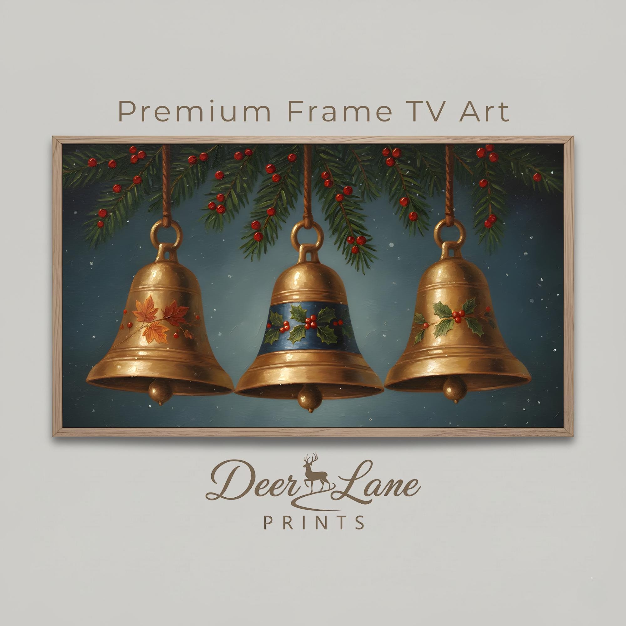Bells Photo Frame Golden Christmas Bells Frame TV Art, Holly Pine Holiday Jingle Bell ...