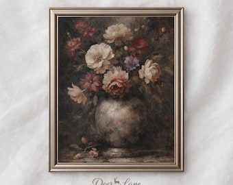 Moody Floral Still Life Digital Print, Dark Academia Painting, Victorian Bouquet Printable Wall Art