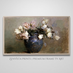 Cornice floreale vintage per TV, dipinto a olio / Fiori antichi e vaso per TV / Cornice rustica per TV, decorazione rustica / Download digitale