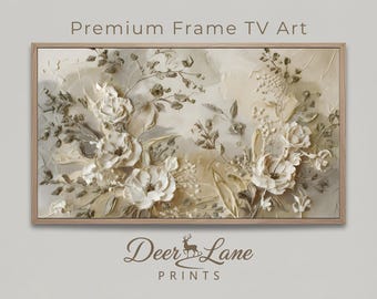Beige strukturierter Blumenrahmen TV-Kunst, moderne botanische Malerei (digitaler Download)