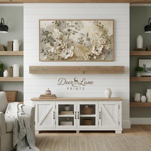 Quadro con cornice floreale testurizzata beige, dipinto botanico moderno (download digitale) immagine 2