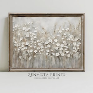 Printable Wall Art Neutral Wildflower Painting | White Flowers Print | Spring Digital Print | Country Field Printable Digital Download