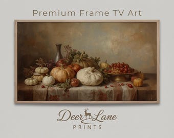 Cornice per TV con natura morta da tavolo del Ringraziamento d'epoca, dipinto a olio di zucca autunnale malinconico, cornice rustica da fattoria, download digitale TV 4K