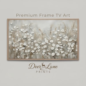 Arte para TV Samsung con marco de flores silvestres blancas / Pintura primaveral de estilo rústico (descarga digital)