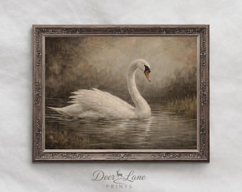 Vintage White Swan Printable Wall Art, Moody Swan Digital Print, Modern Farmhouse Decor Download