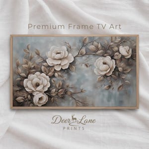 ヴィンテージの白いバラの枝のフレームのテレビアート、春の花の絵画、Samsung TVの壁紙のダウンロード