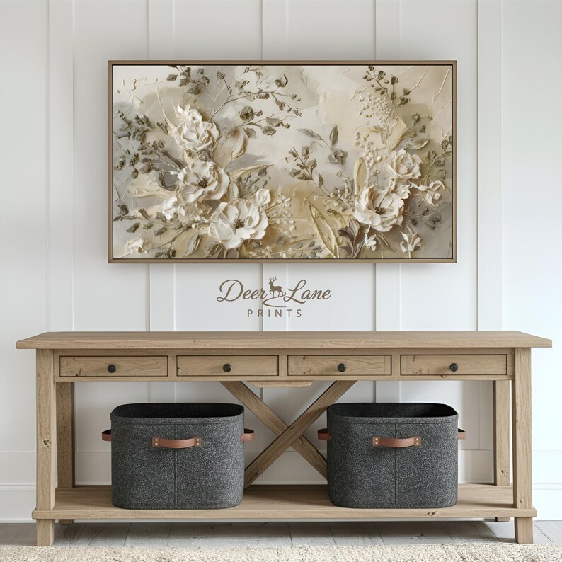 Quadro con cornice floreale testurizzata beige, dipinto botanico moderno (download digitale) immagine 6