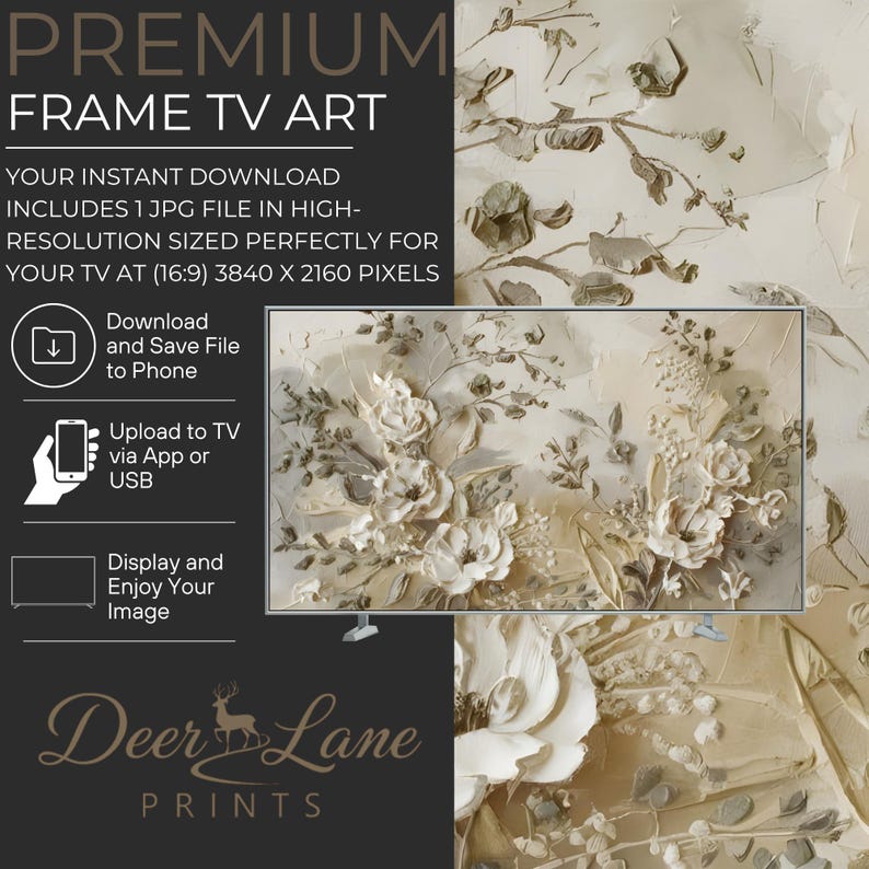 Quadro con cornice floreale testurizzata beige, dipinto botanico moderno (download digitale) immagine 3