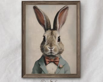 Vintage Bunny Portrait Print, Whimsical Rabbit Printable Wall Art Nursery, Easter Decor (Digital Download)
