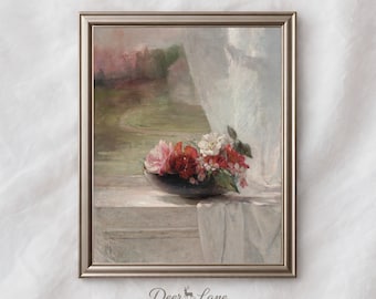 Impresión digital de flores de bodegón vintage, arte floral de pared imprimible para ventana de cabaña francesa, descarga