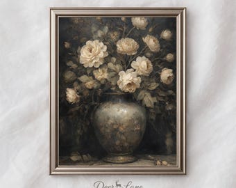 Arte de pared imprimible con naturaleza muerta de rosas blancas melancólicas, impresión digital floral vintage de la Academia oscura