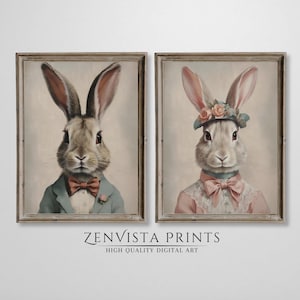 Vintage Bunny Portrait Print Set of 2 Boy and Girl | Downloadable Rabbit Bunny Nursery Art | Easter Bunny Print | Vintage Easter Printable