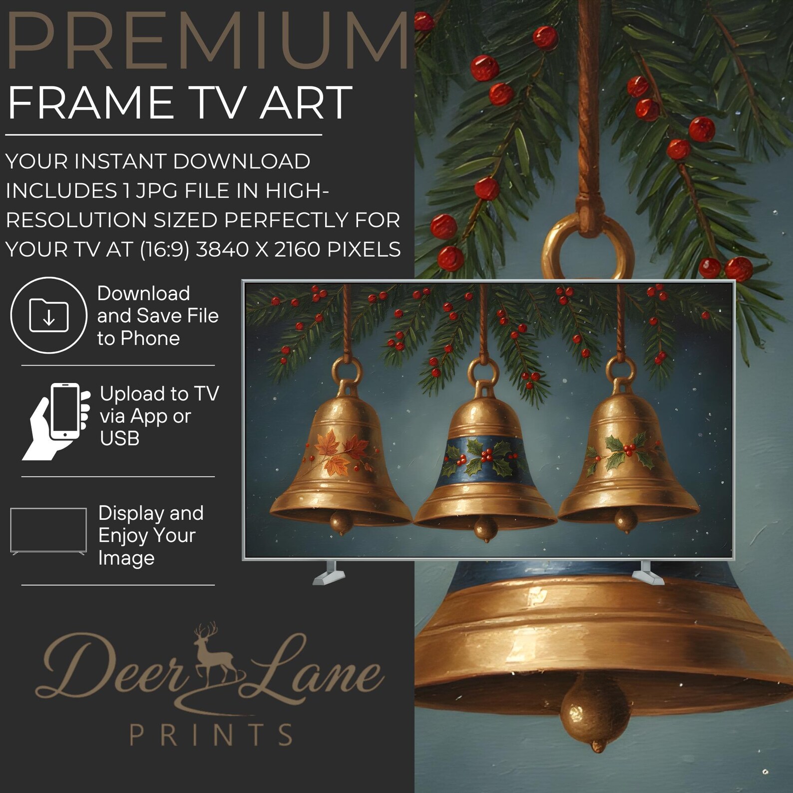 Bells Photo Frame Golden Christmas Bells Frame TV Art, Holly Pine Holiday Jingle Bell ...