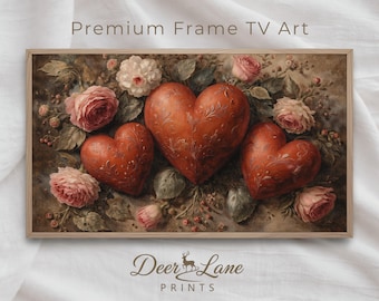Valentine’s Day Frame TV Art, Moody Vintage Floral Red Heart Oil Painting, Digital Download