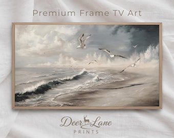Vintage Seagull Beach Landscape Tv Screensaver Painting, Coastal Summer Frame TV Art (Digital Download)
