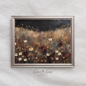 Printable Wildflower Field Landscape Vintage Painting | Dark Muted Wildflower Wall Art Printable | Moody Vintage Wildflower Digital Print