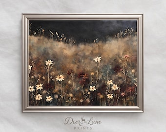 Printable Wildflower Field Landscape Vintage Painting | Dark Muted Wildflower Wall Art Printable | Moody Vintage Wildflower Digital Print