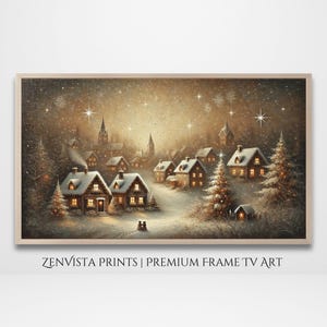 Quadro de TV com Arte Vintage, Pintura de Vila de Natal | Quadro de TV com Paisagem de Cidade de Inverno | Protetor de Tela de TV de Natal, Download Digital