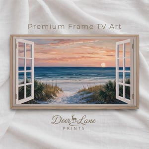 Arte de TV con marco de ventana de puesta de sol costera, fondo de pantalla de TV Samsung de paisaje de playa de verano, descarga digital