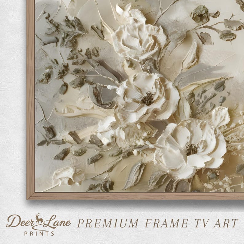 Quadro con cornice floreale testurizzata beige, dipinto botanico moderno (download digitale) immagine 5