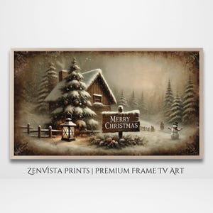 Vintage Merry Christmas Frame Tv Art Painting | Xmas Frame Tv Art Winter Town Landscape  | Christmas Tv Screensaver Digital Download