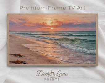 Coastal Sunset Frame TV Art, Beach Waves Landscape Painting, Summer TV Wallpaper, Digital Download