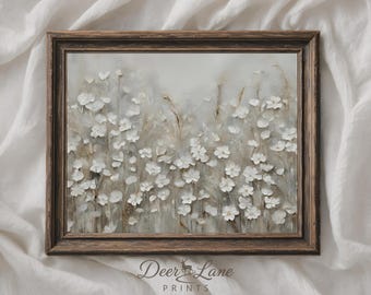 Muted White Wildflower Printable Wall Art, Neutral Floral Digital Print Download, Modern Home Decor