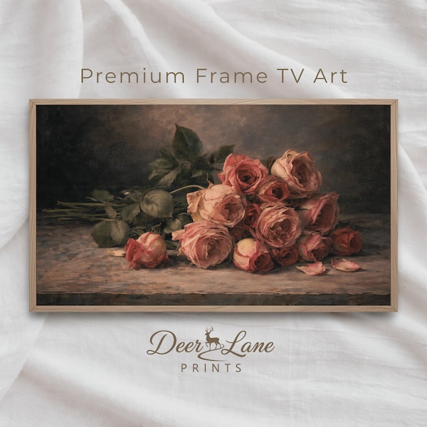 Moody Pink Roses Still Life, Romantic Frame TV Art (Digital Download)