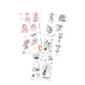 Stationery Rescue - Destash - Set of 3 Stickii Club Asian-Themed Tea Kimono Bonsai Sticker Sheets