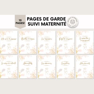 May include: A set of ten digital pregnancy journal pages with floral and line art illustrations. The pages are white with gold text and accents, including titles like "My Pregnancy Follow-up" and "Birth Plan."