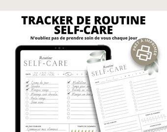 Könnte beinhalten: Ein druckbarer Selbstpflege-Routinen-Tracker in Schwarzweiß. Der Tracker enthält einen Bereich für tägliche Aufgaben, einen Schlaf-Tracker und einen Hydratations-Tracker. Der Text auf dem Tracker lautet "Routine Self-Care".