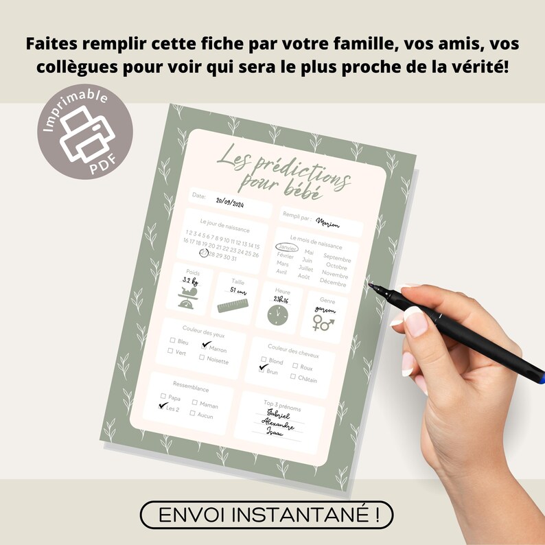 Carte de prédiction bébé | Pronostics bébé | en français | PDF | Imprimable | Babyshower | Gender reveal | Produit numérique image 3