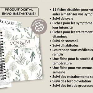 Puede incluir: Planificador digital imprimible con un dise&ntilde;o floral verde y blanco. El planificador se titula "Mon Suivi SOPK" e incluye secciones para realizar un seguimiento de los s&iacute;ntomas, los tratamientos, el sue&ntilde;o, los h&aacute;bitos, las citas y mucho m&aacute;s.