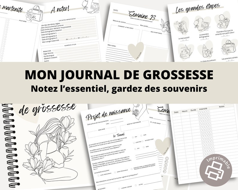 Journal de grossesse en français PDF Imprimable Suivi de la grossesse. image 1