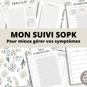 Puede incluir: P&aacute;ginas de planificador imprimibles para hacer un seguimiento de los s&iacute;ntomas, el ciclo y los tratamientos. Las p&aacute;ginas presentan un dise&ntilde;o floral verde y blanco con el texto "Mon Suivi SOPK" y "Pour mieux g&eacute;rer vos sympt&ocirc;mes".