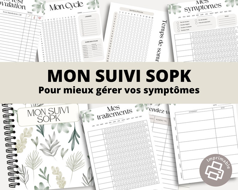 Puede incluir: P&aacute;ginas de planificador imprimibles para hacer un seguimiento de los s&iacute;ntomas, el ciclo y los tratamientos. Las p&aacute;ginas presentan un dise&ntilde;o floral verde y blanco con el texto "Mon Suivi SOPK" y "Pour mieux g&eacute;rer vos sympt&ocirc;mes".