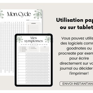 Puede incluir: Un rastreador de ciclo menstrual imprimible con un dise&ntilde;o floral verde. El rastreador incluye una cuadr&iacute;cula de calendario para rastrear tu per&iacute;odo y una secci&oacute;n para registrar los s&iacute;ntomas. El texto en el rastreador dice "Mon Cycle" y "Mes Symptomes".