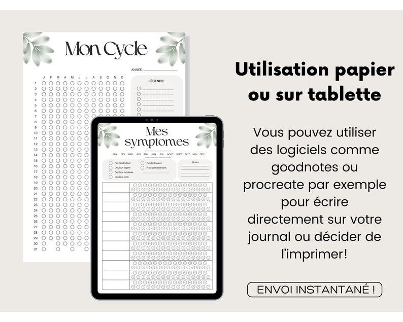 Puede incluir: Un rastreador de ciclo menstrual imprimible con un dise&ntilde;o floral verde. El rastreador incluye una cuadr&iacute;cula de calendario para rastrear tu per&iacute;odo y una secci&oacute;n para registrar los s&iacute;ntomas. El texto en el rastreador dice "Mon Cycle" y "Mes Symptomes".