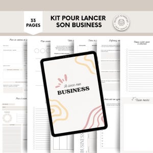 Może przedstawiać: Cyfrowy zestaw startowy do biznesu z 33 stronami. Zestaw zawiera tablet z tekstem "Je lance mon BUSINESS" z abstrakcyjnymi różowymi i żółtymi kształtami. Widoczne są dodatkowe strony z szablonami planowania.