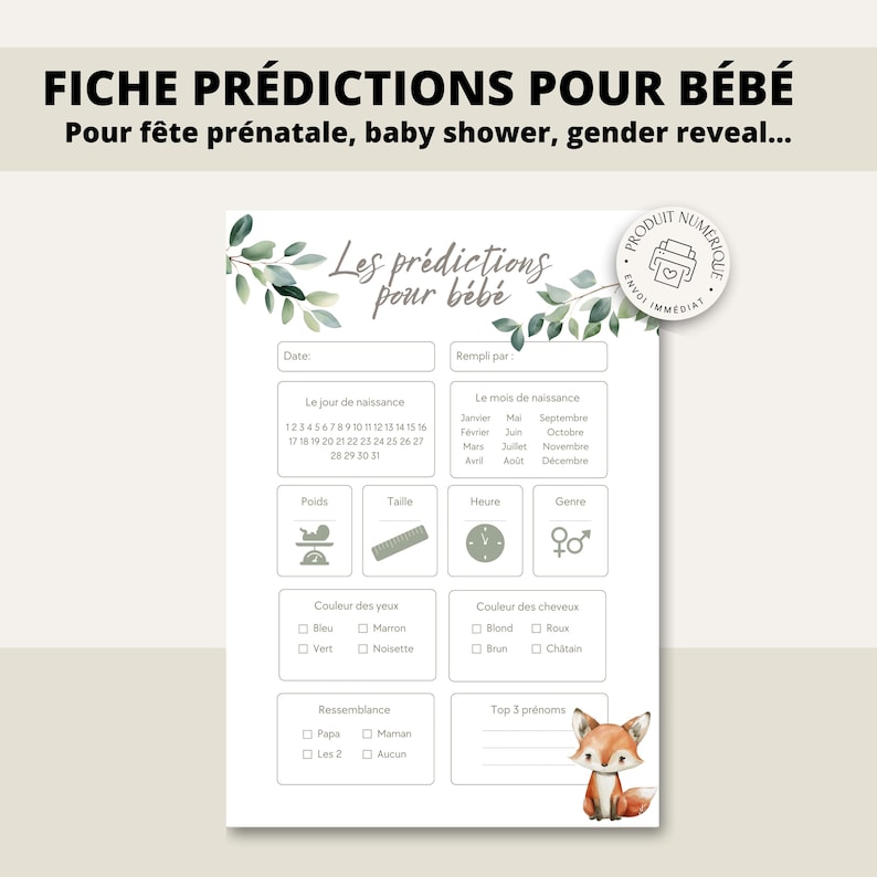 Carte de prédiction bébé | Pronostics bébé | en français | PDF | Imprimable | Babyshower | Gender reveal | Produit numérique image 1