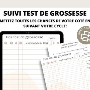 Könnte beinhalten: Druckbarer Tracker zur Verfolgung von Schwangerschaftstests. Der Tracker enthält einen Kalender, einen Bereich zum Aufzeichnen von Testergebnissen und einen Bereich zum Aufzeichnen von Symptomen. Der Tracker soll Frauen helfen, ihre Fruchtbarkeit und Schwangerschaft zu verfolgen.